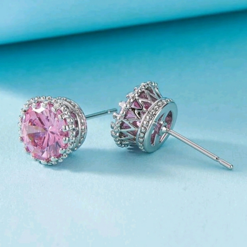 Pink Rhinestone Silver Earrings - Picture 2 of 3
